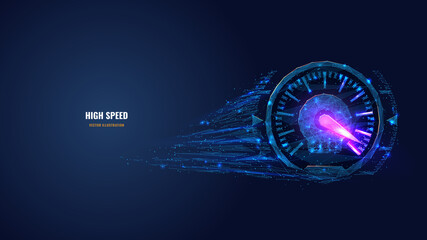 Poster - Digital low poly 3d speedometer in dark blue. High speed, sport car speedometer or racing game concept. Abstract vector mesh image of speed indicator with connected dots, shapes and glowing particles