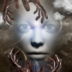 Wall Mural - human face with hands and universe in sepia. 3d rendering