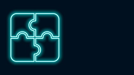 Poster - Glowing neon line Piece of puzzle icon isolated on black background. Business, marketing, finance, template, layout, infographics, internet concept. 4K Video motion graphic animation