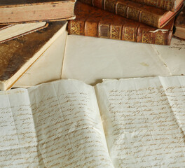 Wall Mural - antique workspace with old books and handwriting