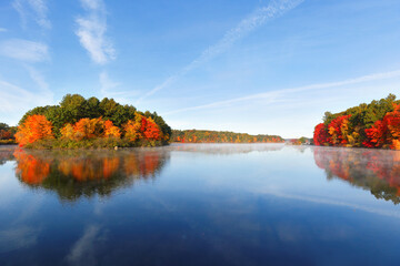 Wall Mural - Beautiful New England Fall Foliage with water reflections at sunrise , Boston Massachusetts.