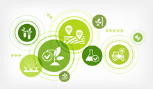 Smart Farm Or Farming Vector Illustration. Concept With Icons Related To Agriculture Technology, Agritech, Modern Agronomy, Monitoring Crop, Harvest Optimization, Iot In Farming