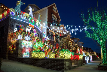 Christmas decorations of houses in the neighborhood of Dyker Heights, in southwest of Brooklyn, in New York. USA