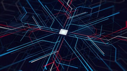 Poster - Electric impulses running into computer circuit board, data procession. Animation. Digital data , colorful impulses running from the central pointinto all the sides.