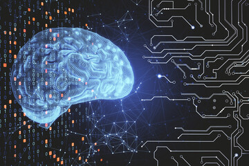 Poster - Digital blue AI brain on polygonal connection background