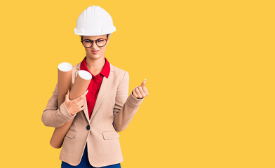 Sticker - Young beautiful woman wearing architect hardhat and glasses holding blueprints annoyed and frustrated shouting with anger, yelling crazy with anger and hand raised