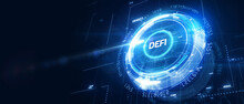 DeFi -Decentralized Finance On Dark Blue Abstract Polygonal Background. Concept Of Blockchain, Decentralized Financial System