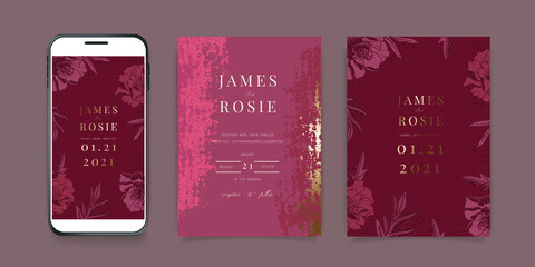 Wall Mural - Luxury Social Media Wedding invite frame templates. Vector background. Mockup for social media banner. mobile Floral golden collage layout design.