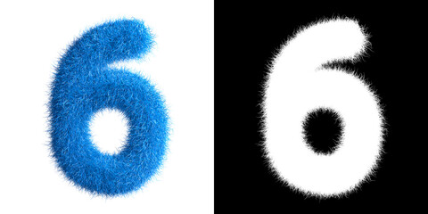 Poster - Number 6 made from fur with alpha mask, fur font, 3d alphabet. 3d illustration.