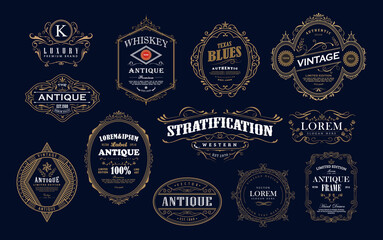Set of antique frame whiskey label vintage border retro vector illustration