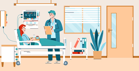 Wall Mural - Hospital ward interior with patient in bed and doctor cartoon characters, flat vector illustration. Hospital intensive care unit with medical treatment for patients.