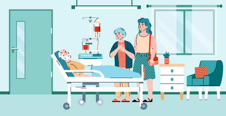 Wall Mural - Relatives visit elderly patient in nursing home or hospital ward, cartoon flat vector illustration. Medical assistance in hospital, healthcare and treatment.