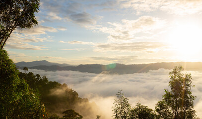 Wall Mural - celestial mountain landscape and dramatic sky sunrise background. ai yerweng, bethong, yala, thailan