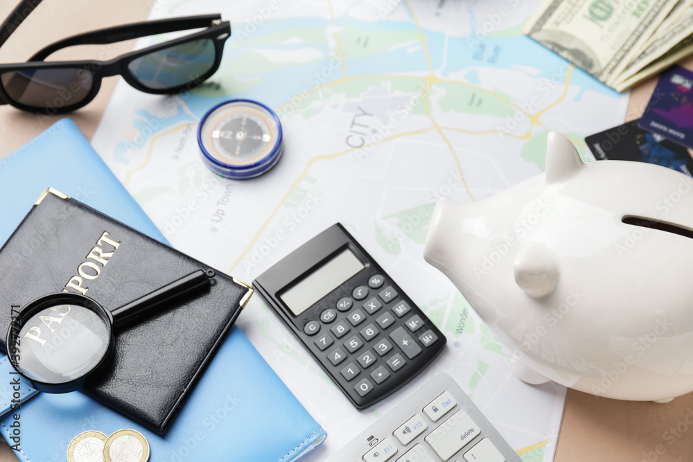 Set of travel items on table