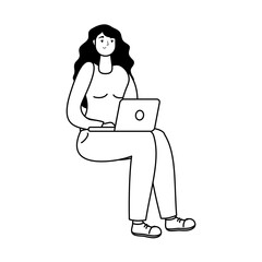 Sticker - young woman seated using laptop line style icon