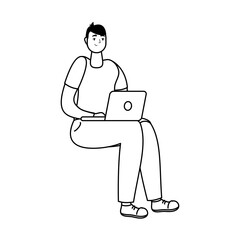 Canvas Print - young man seated using laptop technology line style