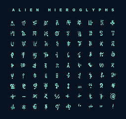Alien hieroglyphs symbols. Design for stickers, logo, web and mobile app. Isolated vector illustration.