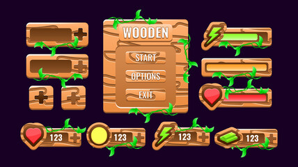 Wall Mural - set of wooden nature game ui board pop up interface, bar, additional panel, and button for gui asset