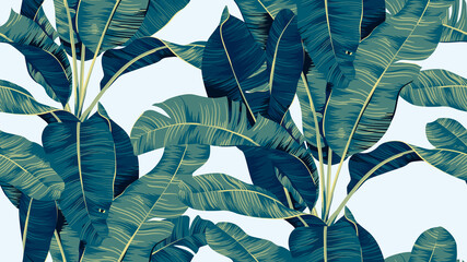 Botanical seamless pattern, hand drawn banana tree on bright blue