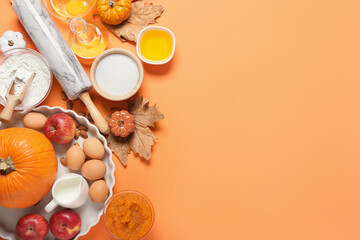 Wall Mural - Ingredients for preparing pumpkin pie on color background