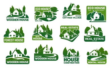 Sticker - Wooden eco houses, real estate buildings vector icons. Cottage symbols with green trees and lawn, garden, path or driveway and fence. Eco design, landscaping service and real estate company emblems