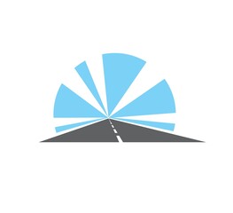 Wall Mural - Highway, road isolated pathway vector icon. Two lane straight asphalt speedway going into the distance with blue sky. Driveway symbol for transport moving, direction, traveling and navigation sign