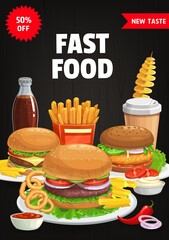 Canvas Print - Fast food menu cover, vector burgers and combo snacks hamburger, cheeseburger and french fries. Cola, ketchup sauce and onion rings with spiral potato, chili pepper. Street food meals cartoon poster