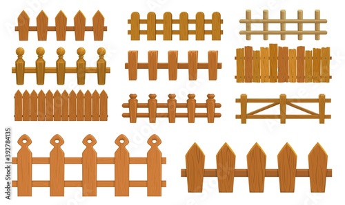 Fotomural Cartoon fence, wooden palisade vector farm gates or balustrade with pickets