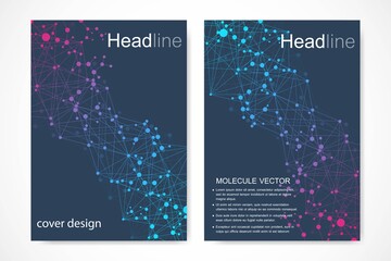 Wall Mural - Scientific brochure design template. Vector flyer layout, Molecular structure with connected lines and dots. Scientific pattern atom DNA with elements for magazine, leaflet, cover, poster design.