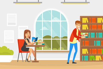 Sticker - Students Choosing and Reading Books, Library Interior with People and Book Shelves Cartoon Vector Illustration