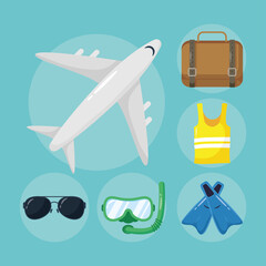 Sticker - airplane flying and flat style set icons