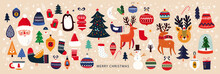 Christmas Decorative Collection With Funny Santa Claus, Christmas Toys, Christmas Tree And Holiday Elements. Christmas Pattern