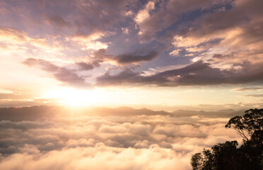 Wall Mural - celestial mountain landscape and dramatic sky sunrise background. ai yerweng, bethong, yala, thailan