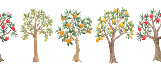 Beautiful seamless pattern with cute watercolor fruit trees. Stock orchard illustration.