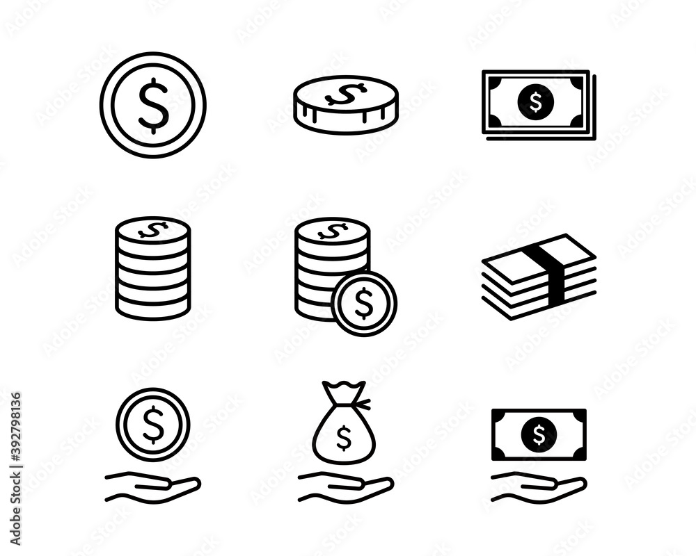 お金・ドルのアイコンセット／$／金融／経済／ビジネス／通貨／お札／現金／シンプル／マーク／コイン Stock Vector | Adobe Stock