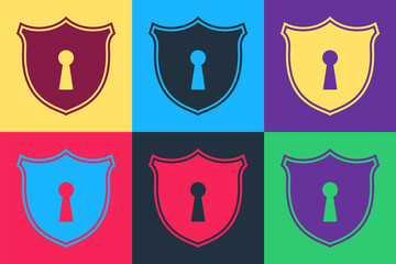 Poster - Pop art Shield with keyhole icon isolated on color background. Protection and security concept. Safety badge icon. Privacy banner. Defense tag. Vector.