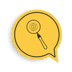 Poster - Black Magnifying glass with globe icon isolated on white background. Analyzing the world. Global search sign. Yellow speech bubble symbol. Vector.