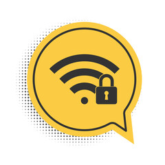 Wall Mural - Black Wifi locked icon isolated on white background. Password Wi-fi symbol. Wireless Network icon. Wifi zone. Yellow speech bubble symbol. Vector.