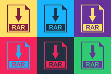 Poster - Pop art RAR file document icon. Download RAR button icon isolated on color background. Vector.