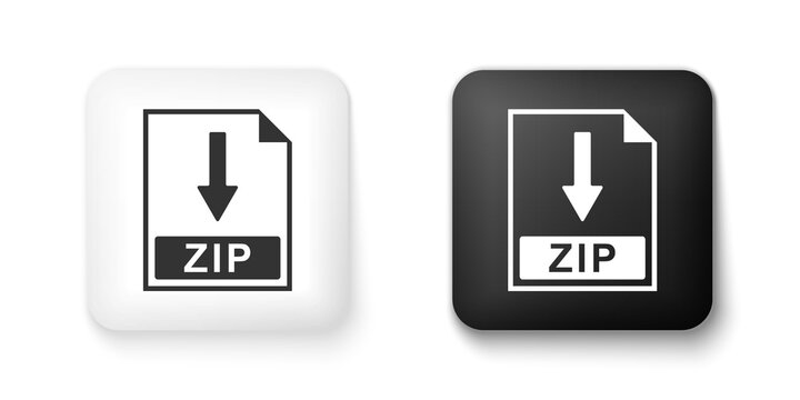 Black and white ZIP file document icon. Download ZIP button icon isolated on white background. Square button. Vector.