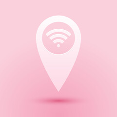 Fototapete - Paper cut Pointer map with wifi internet signal connection icon isolated on pink background. Paper art style. Vector.