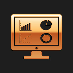 Poster - Gold Computer monitor with graph chart icon isolated on black background. Report text file icon. Accounting sign. Audit, analysis, planning. Long shadow style. Vector.