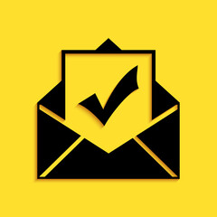 Poster - Black Envelope with document and check mark icon isolated on yellow background. Successful email delivery confirmation, successful verification concept. Long shadow style. Vector.