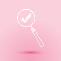 Poster - Paper cut Magnifying glass and check mark icon isolated on pink background. Magnifying glass and approved, confirm, done, tick, completed symbol. Paper art style. Vector.