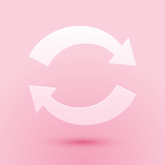 Poster - Paper cut Refresh icon isolated on pink background. Reload symbol. Rotation arrows in a circle sign. Paper art style. Vector.