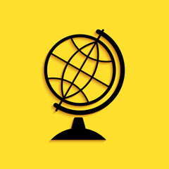 Fototapete - Black Earth globe icon isolated on yellow background. Long shadow style. Vector.