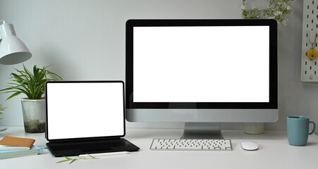 Fototapete - Front view of graphic designer artist workplace with multiple computer screens in modern office.