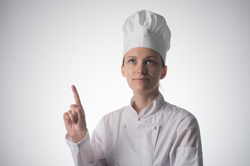 Canvas Print - Chef woman. Isolated on gray background