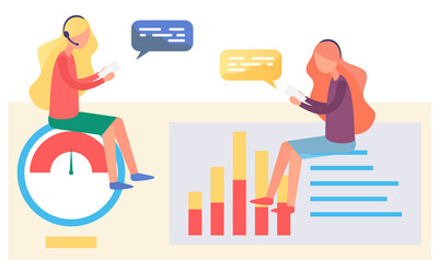 Fototapete - Businesspeople, women talking, discussing in meeting room with charts and graphs statistics background. Two girls with sheets of paper in their hands sit and communicate, analyze indicators