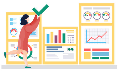 Fototapete - The woman works with graphs and charts on the background. The marketer studies information about the metrics. The girl tries to hold a check mark in her hands. Statistical analyzes of financial work